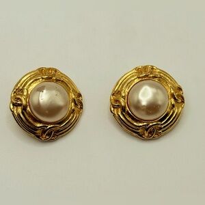 Chanel faux pearl round gold clip earrings 1980s signed 2cc9 24k plated 1 in